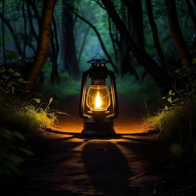 Lanterne dans le noir illuminant le sol, posée sur un chemin boisé.