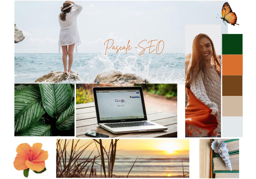 Moodboard naturel et chaleureux illustrant Pascale, consultante SEO spécialisée dans le bien-être : ambiance bord de mer, feuilles tropicales, ordinateur sur fond végétal, femme souriante en pull doux, couleurs naturelles, symbole de sérénité et de visibilité digitale.