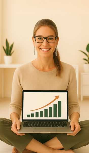 Pascale, consultante SEO bien-être, en position de yoga, montrant son ordinateur avec courbe SEO croissante