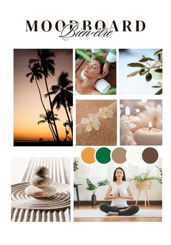 Mood board bien-être illustrant les couleurs, les textures et les ambiances pour la création d’une marque