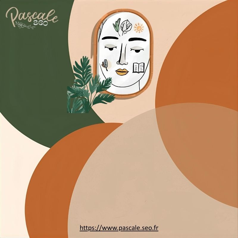 Illustration d’un miroir reflétant un visage orné de symboles naturels et positifs, sur un fond graphique aux couleurs vert, beige et orange, avec le logo Pascale SEO et l’adresse du site.