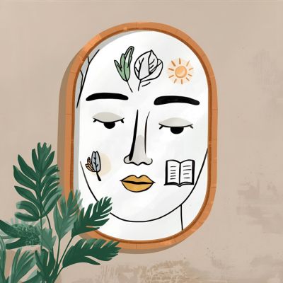 Illustration d’un visage reflété dans un miroir, orné de symboles naturels et positifs (feuilles, soleil, livre), représentant le reflet des valeurs dans l’image de marque.