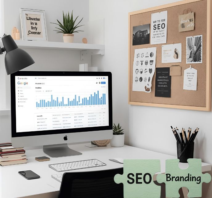 Bureau avec un ordinateur affichant un schéma SEO + un moodboard de marque à côté, avec 2 pièces de puzzle SEO et branding s'emboîtant