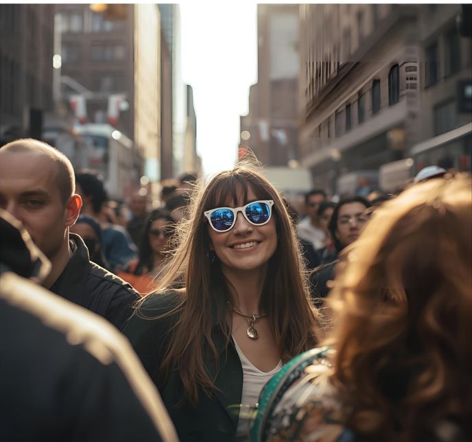 Une femme différente et souriante se détachant d'une foule dans rue peuplée de New York, pour signifier qu'une identité forte attire les bons clients.