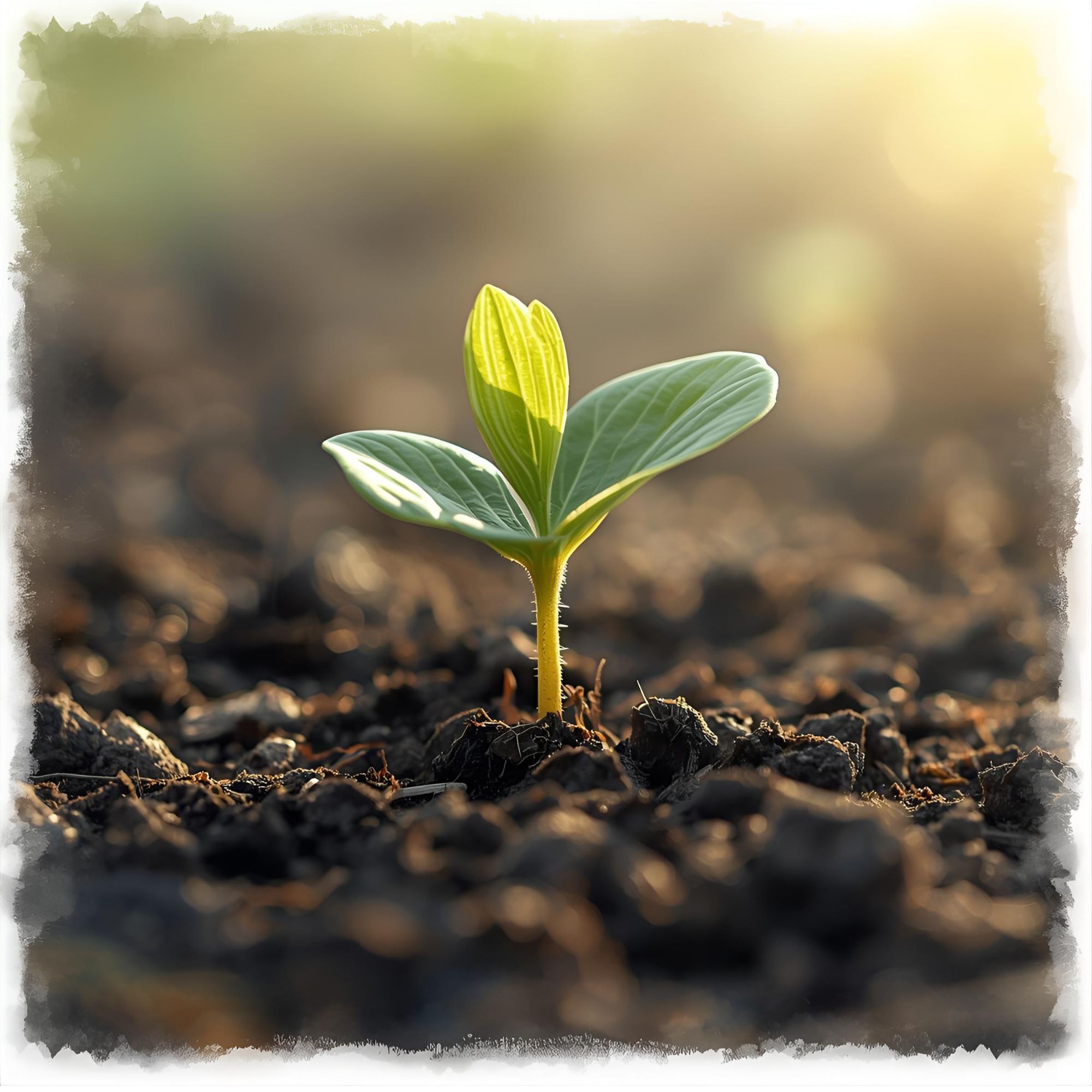 image de jeune pousse verte qui sort de la terre, baignée de lumière douce - métaphore parfaite de la visibilité : on plante une graine (alignement), on la nourrit (valeur) et elle grandit avec constance (régularité)