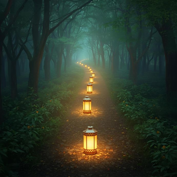 Une allée de lanternes allumées les unes après les autres (référence aux articles comme “portes d’entrée”).