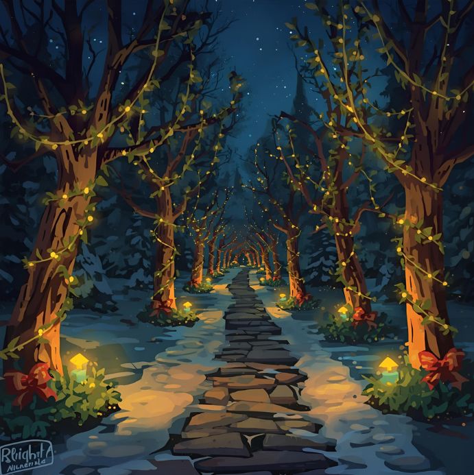 Chemin lumineux amenant vers plus de visibilité Chemin éclairé de lanterne guidé par des arbres enguirlandés, représentant les blogs à publier régulièrement au passage