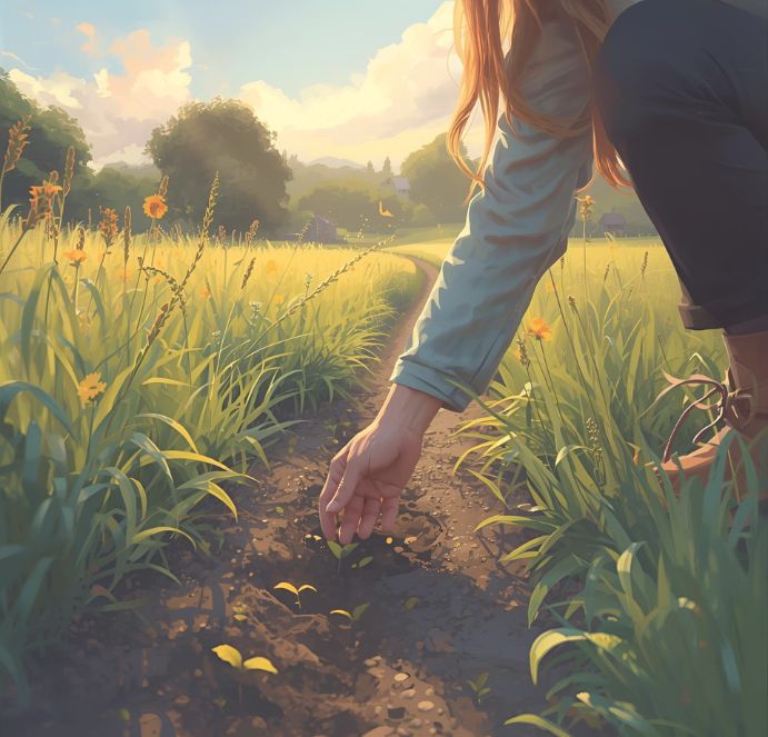 Une main qui plante ou arrose des graines dans une terre douce. Symbolise la régularité : chaque article est une graine qui fait grandir la visibilité.