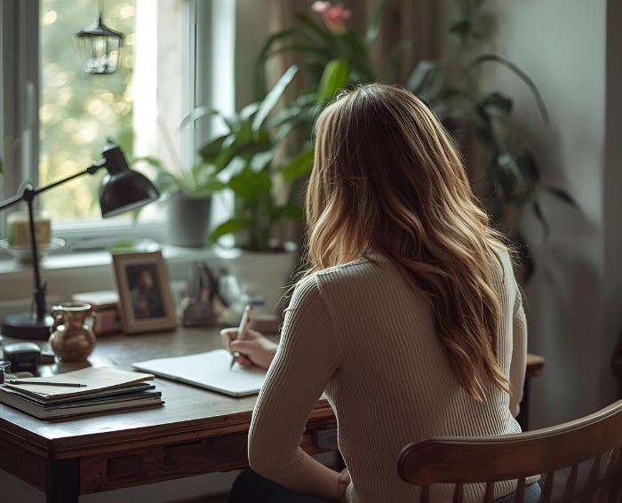 Femme à son bureau en train d'écrire les bons mots sur un cahier