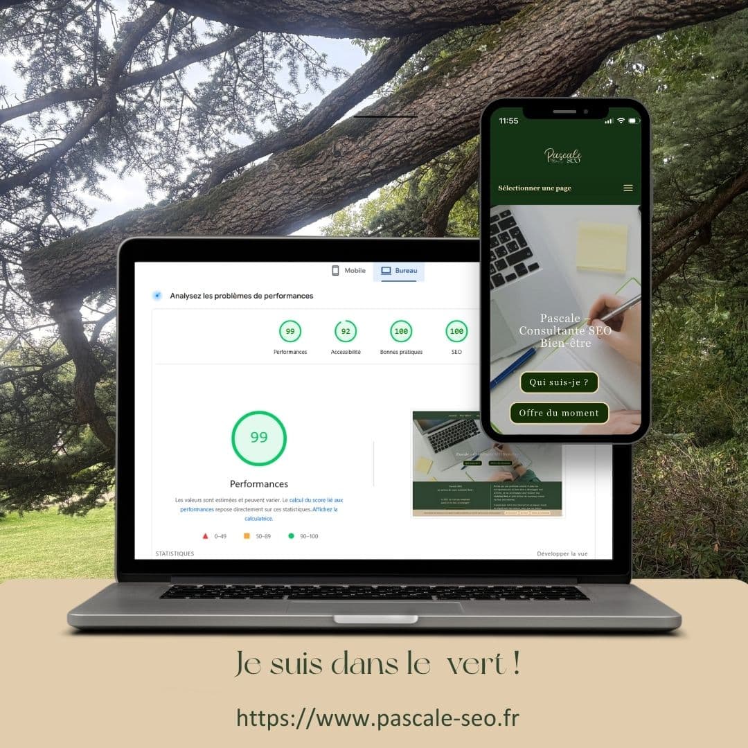 Je suis dans le vert - Mes indicateurs Ordinateur ouvert sur une table, montrant comment un site plus éco-responsable renforce ma visibilité et mon SEO