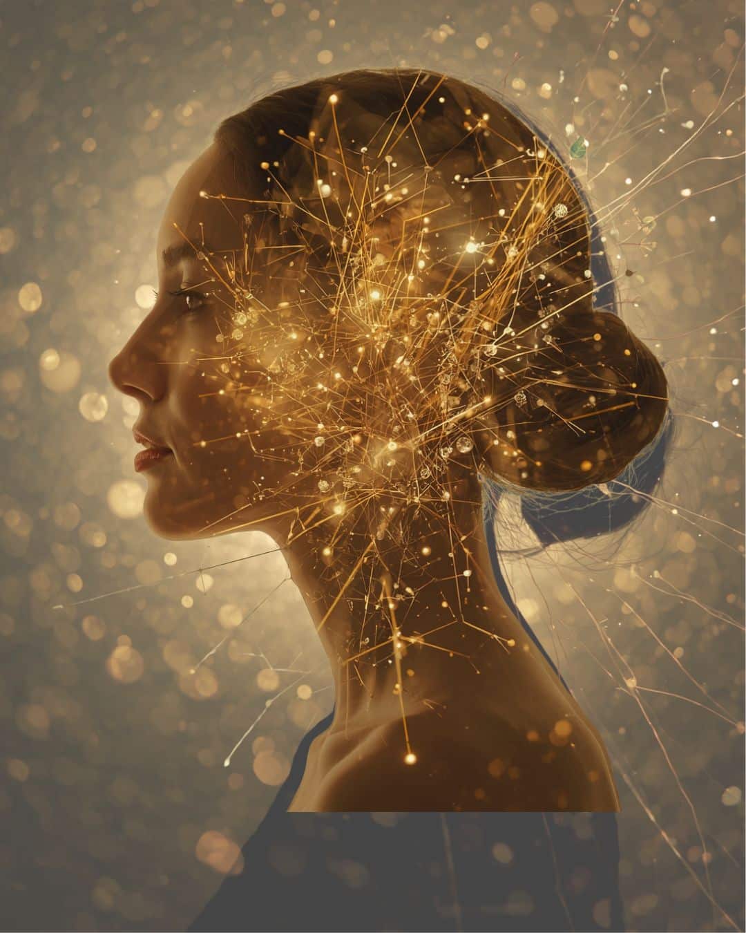 Image-IA-SEO-bien-etre Illustration poétique d'une femme en profil avec un réseau lumineux doré évoquant l'alliance entre l'esprit humain et l'intelligence artificielle pour le SEO bien-être.