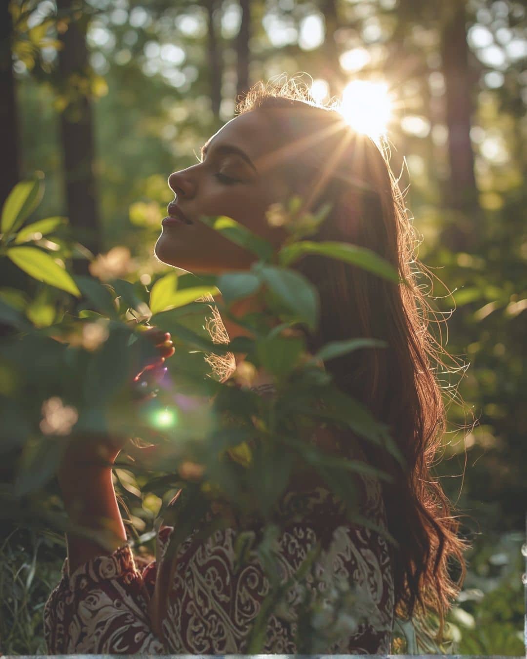 Image-garder-votre-authenticite-IA Femme sereine de profil profitant de la lumière du soleil en pleine nature, symbolisant l'authenticité et l'essence humaine conservées malgré l'usage de l'IA.
