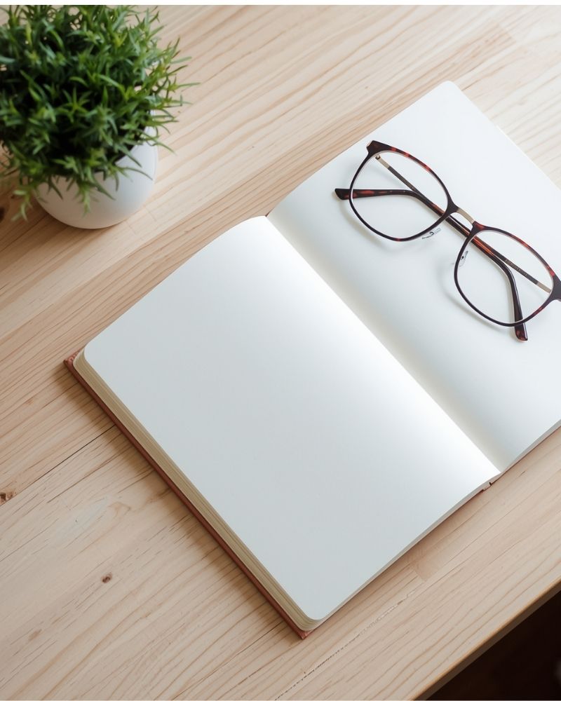 Carnet de notes ouvert et lunettes sur un bureau en bois clair avec une plante verte, illustrant l'audit de visibilité web et l'analyse sémantique initiale.