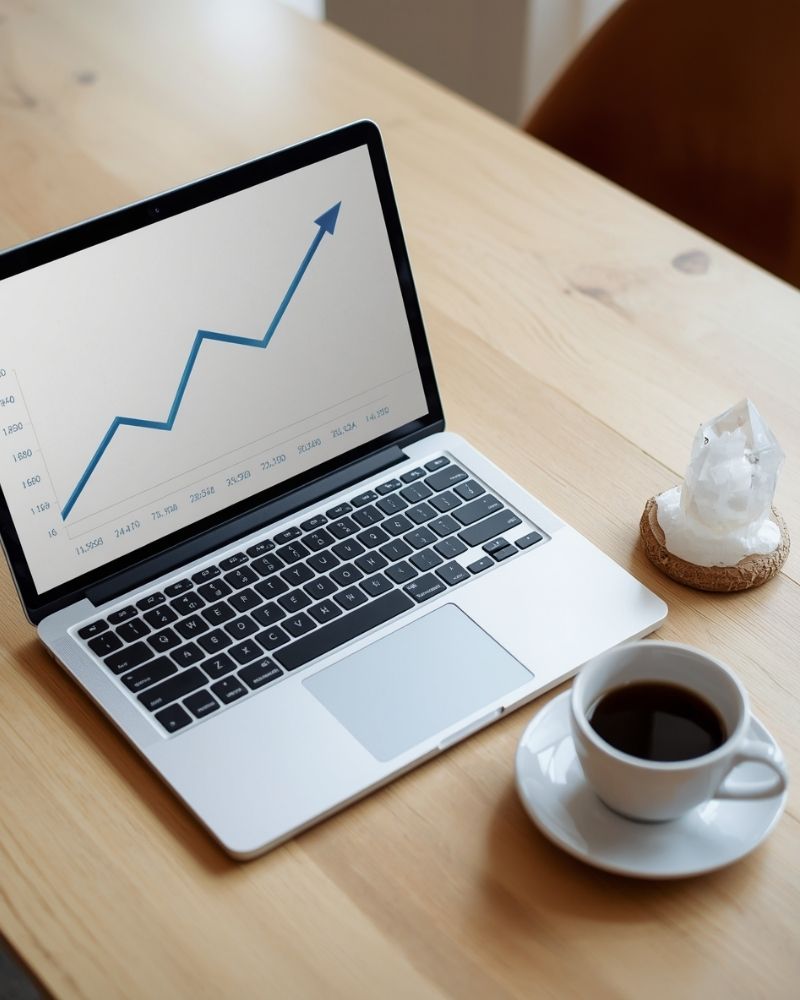 Ordinateur portable affichant un graphique de performance SEO ascendante à côté d'une tasse de thé, symbolisant le suivi et la croissance de la stratégie numérique.