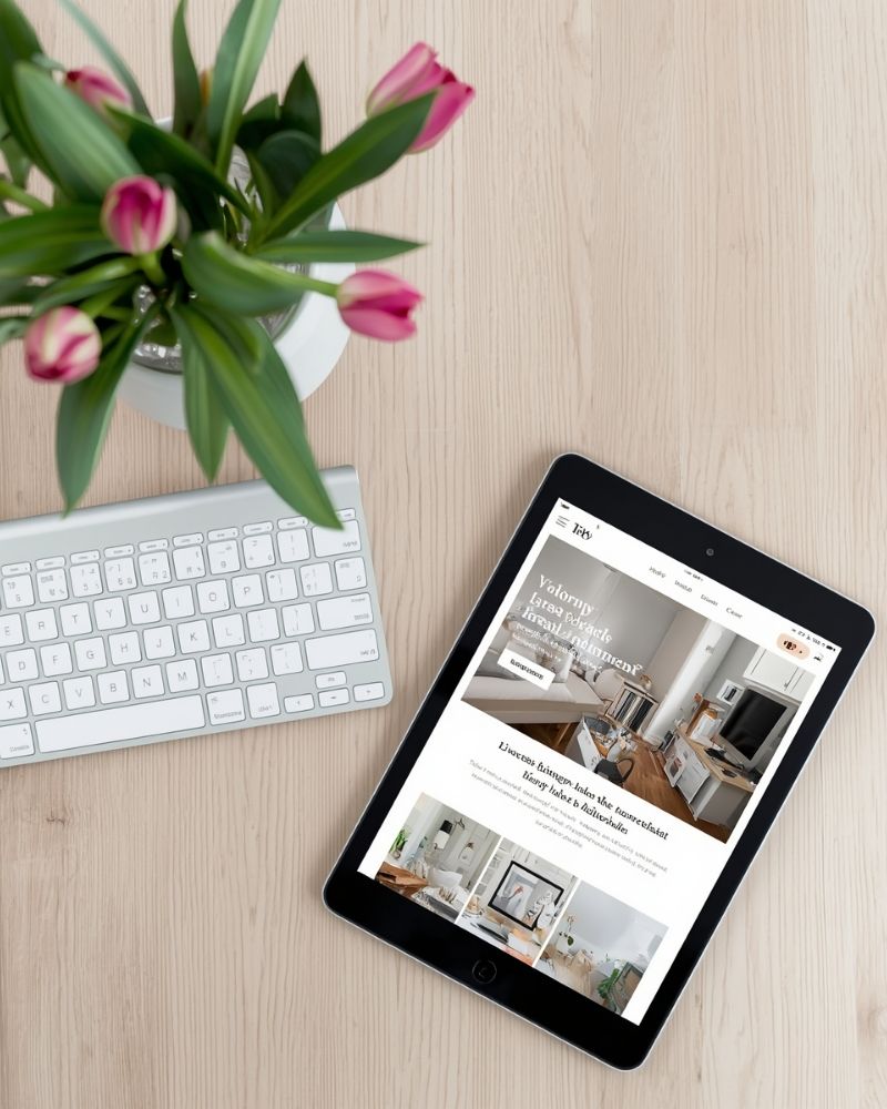 Espace de travail organisé avec tablette, clavier et fleurs fraîches, représentant une gestion complète de la performance web et une visibilité maximale sur le long terme.