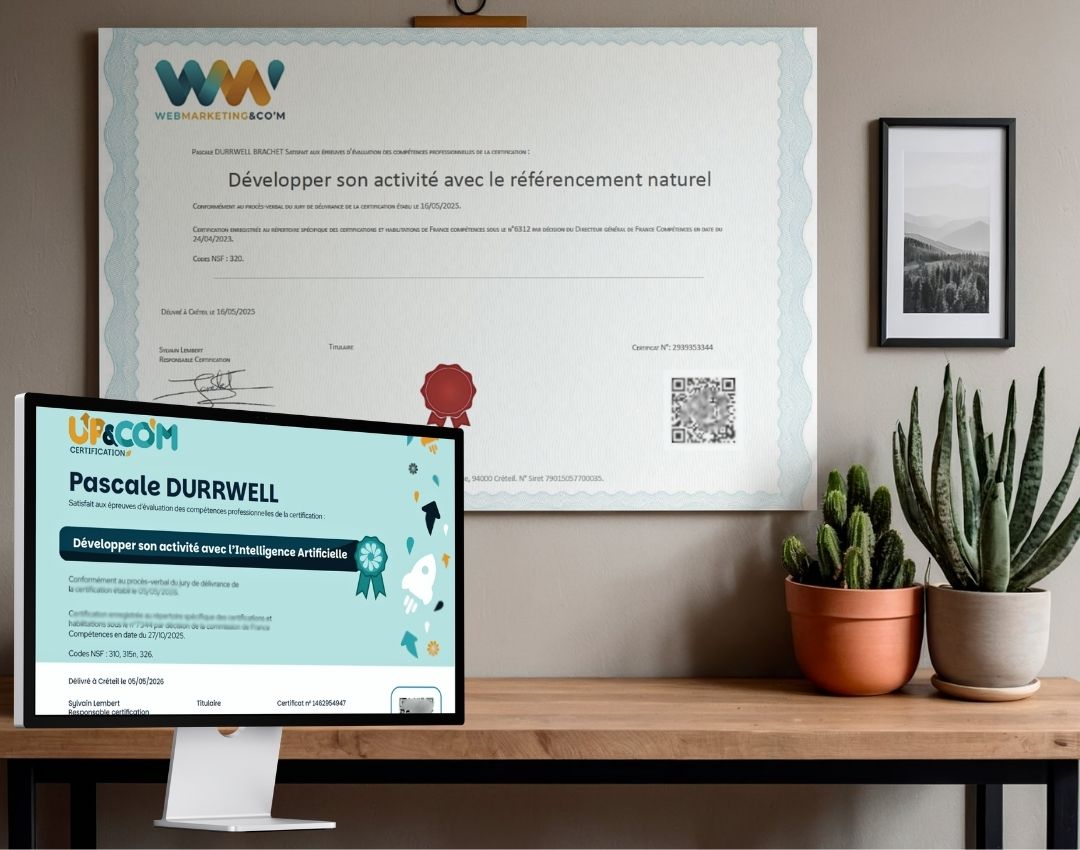 Certificats IA et SEO de Pascale Durrwell démontrant son expertise dans les domaines de le SEO et la visibilité web et son engagement à aider les entrepreneurs à développer leur activité
