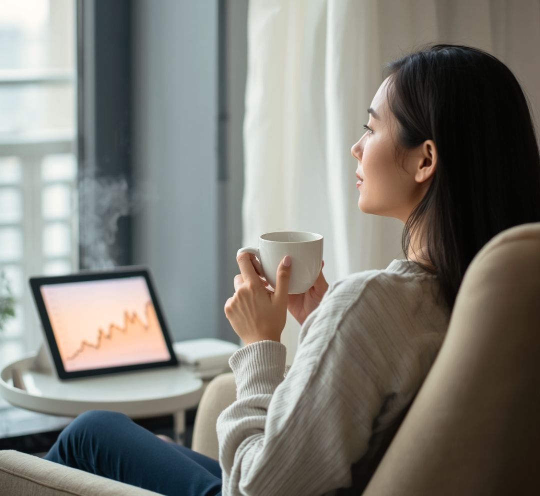 Image d'une entrepreneure prenant une pause pendant que ses statistiques de site web progressent, illustrant une visibilité durable.