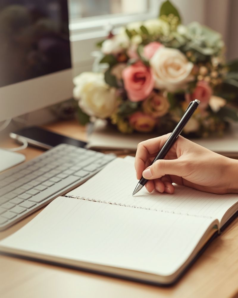 Une main rédigeant des réflexions dans un carnet à côté d'un clavier et de fleurs, illustrant l'équilibre entre stratégie SEO et bien-être pour les entrepreneurs.