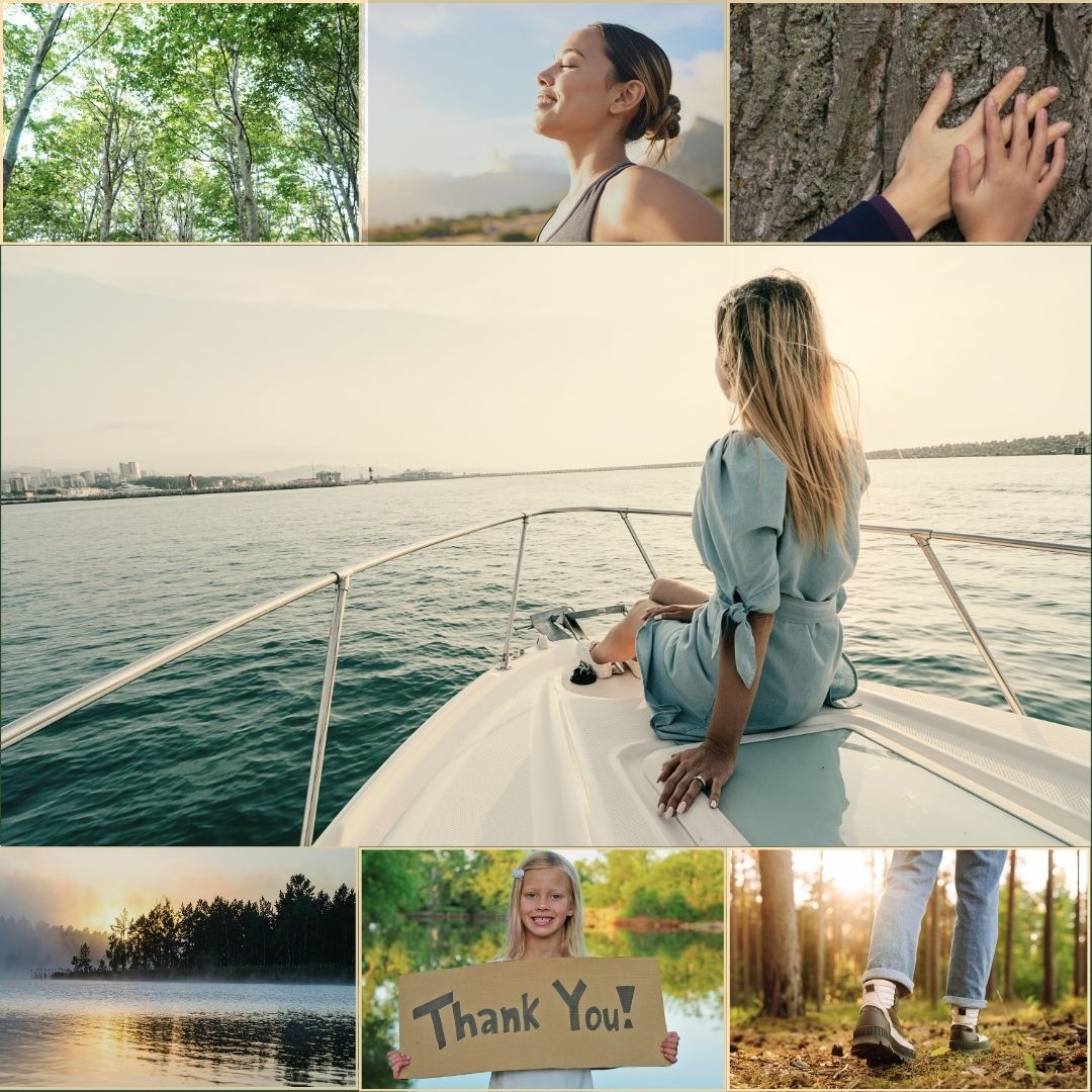 Mosaïque d'images illustrant le bien-être (nature, respiration, gratitude) pour accompagner une stratégie de visibilité web sereine - Pascale SEO.