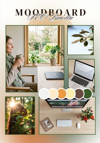 Moodboard bien-être illustrant une identité de marque unique avec une femme souriante, un ordinateur affichant une courbe de croissance SEO, et une palette de couleurs naturelles.