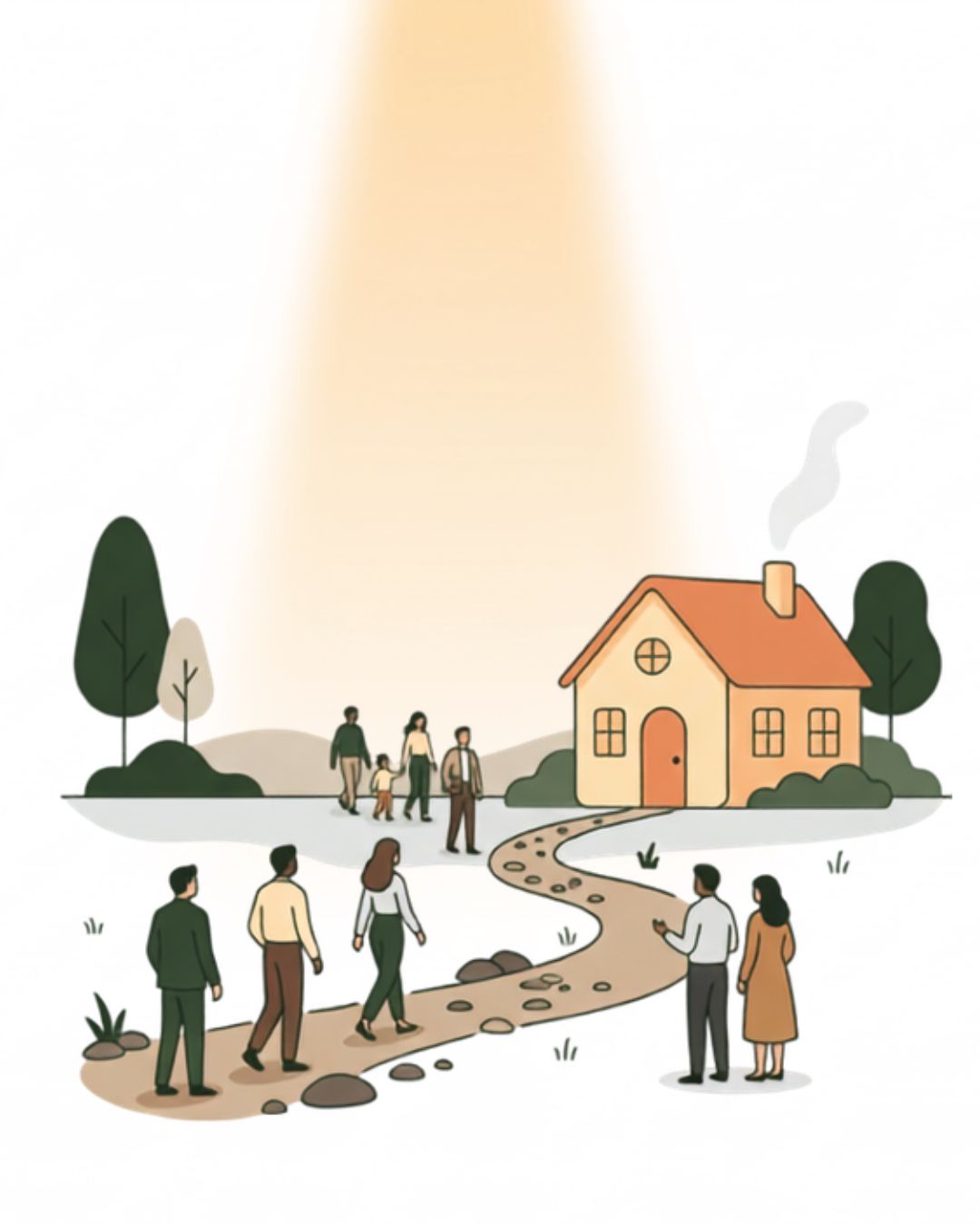 Pascale-seo-Illustration-SEO Illustration d'une maison représentant un site web, reliée par un chemin à plusieurs visiteurs guidés naturellement vers elle, symbolisant le référencement naturel et la visibilité sur Google.