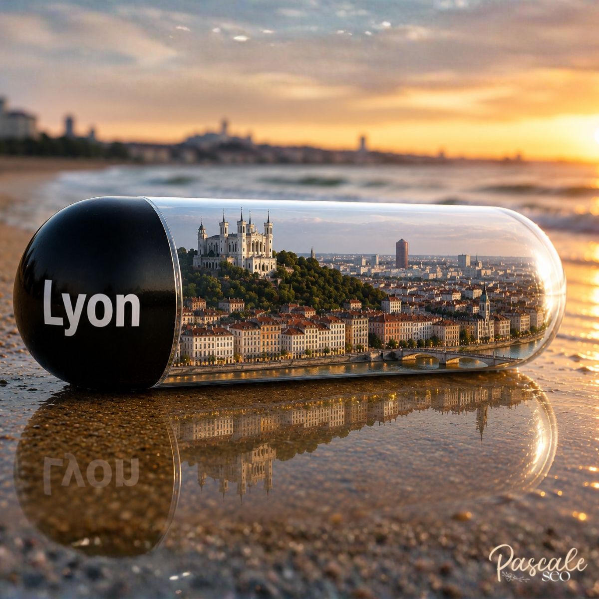Pascale-seo-Lyon encapsulé Vue de la ville de Lyon contenue dans une capsule temporelle sur une plage au coucher du soleil, symbolisant la sérénité face aux fondations et la structure des sites web, maison numérique de notre activité.
