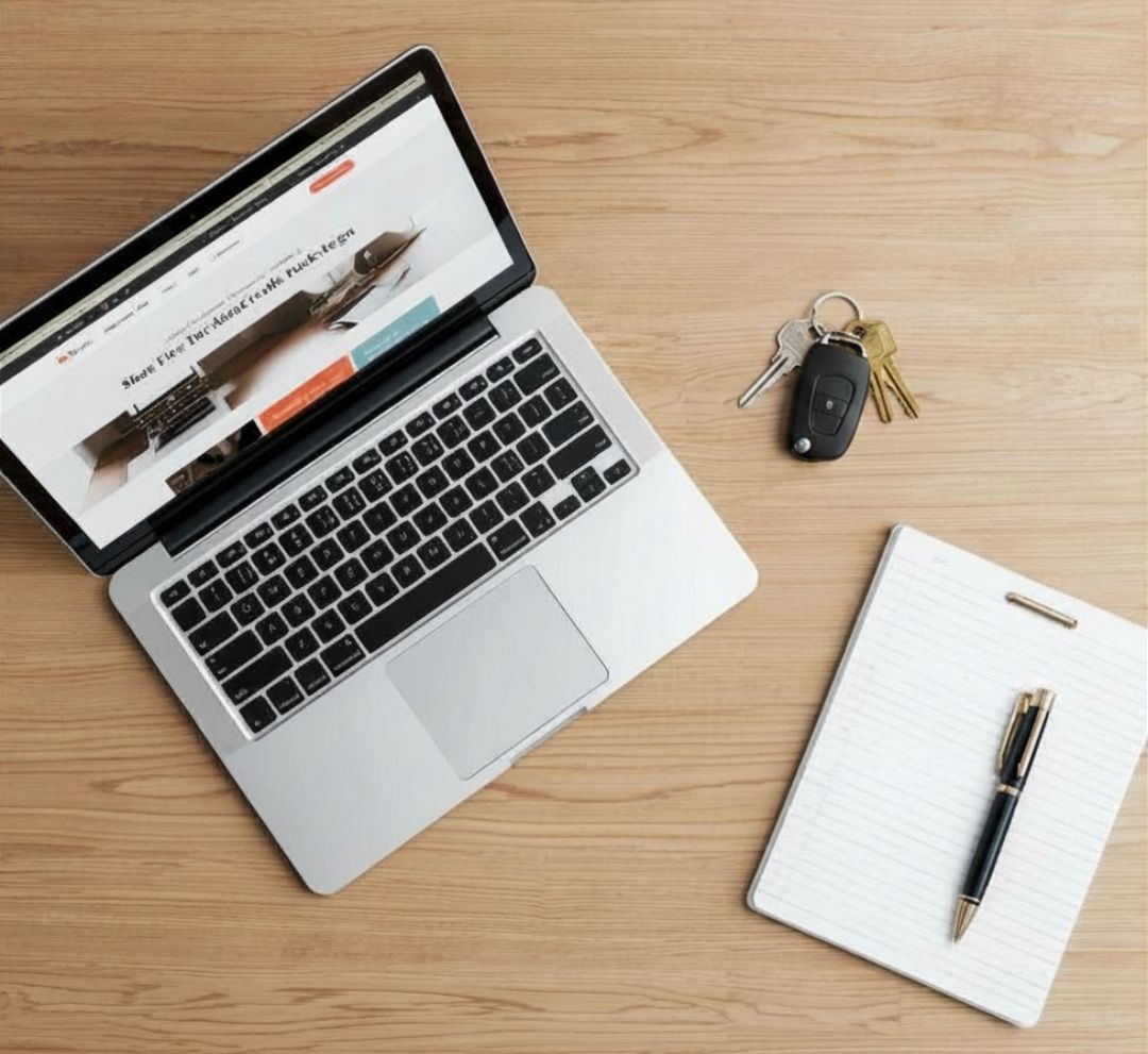 Image d'un bureau serein avec un ordinateur affichant un site web et des clés de maison, symbolisant la propriété numérique